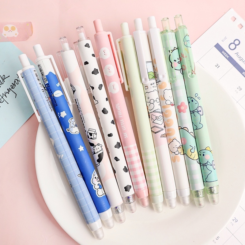 ปากกาเจลลบได้ ลายการ์ตูนน่ารัก ขนาด 0.5 มม. สีฟ้า สําหรับสํานักงาน โรงเรียนประถม แพ็ค 10 ด้าม